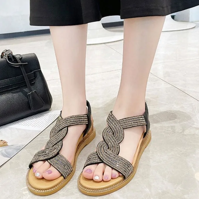 2024 Summer Sandals Rhinestone Soft Bottom Wedge Flat Sandals