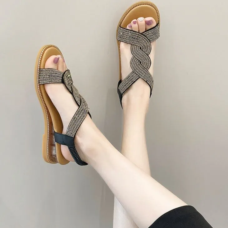 2024 Summer Sandals Rhinestone Soft Bottom Wedge Flat Sandals