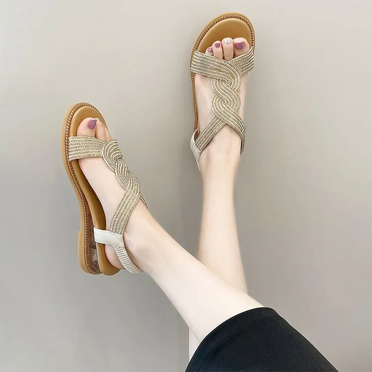 2024 Summer Sandals Rhinestone Soft Bottom Wedge Flat Sandals