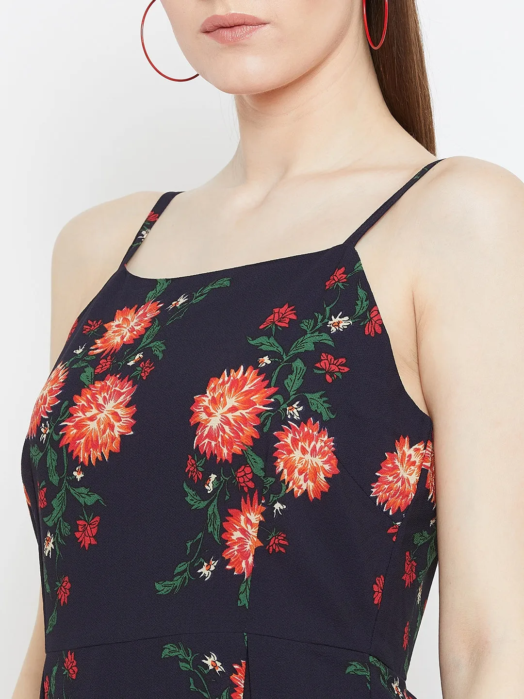 Berrylush Women Navy Blue & Orange Floral Printed Square Neck Flared Fit & Flare Mini Dress