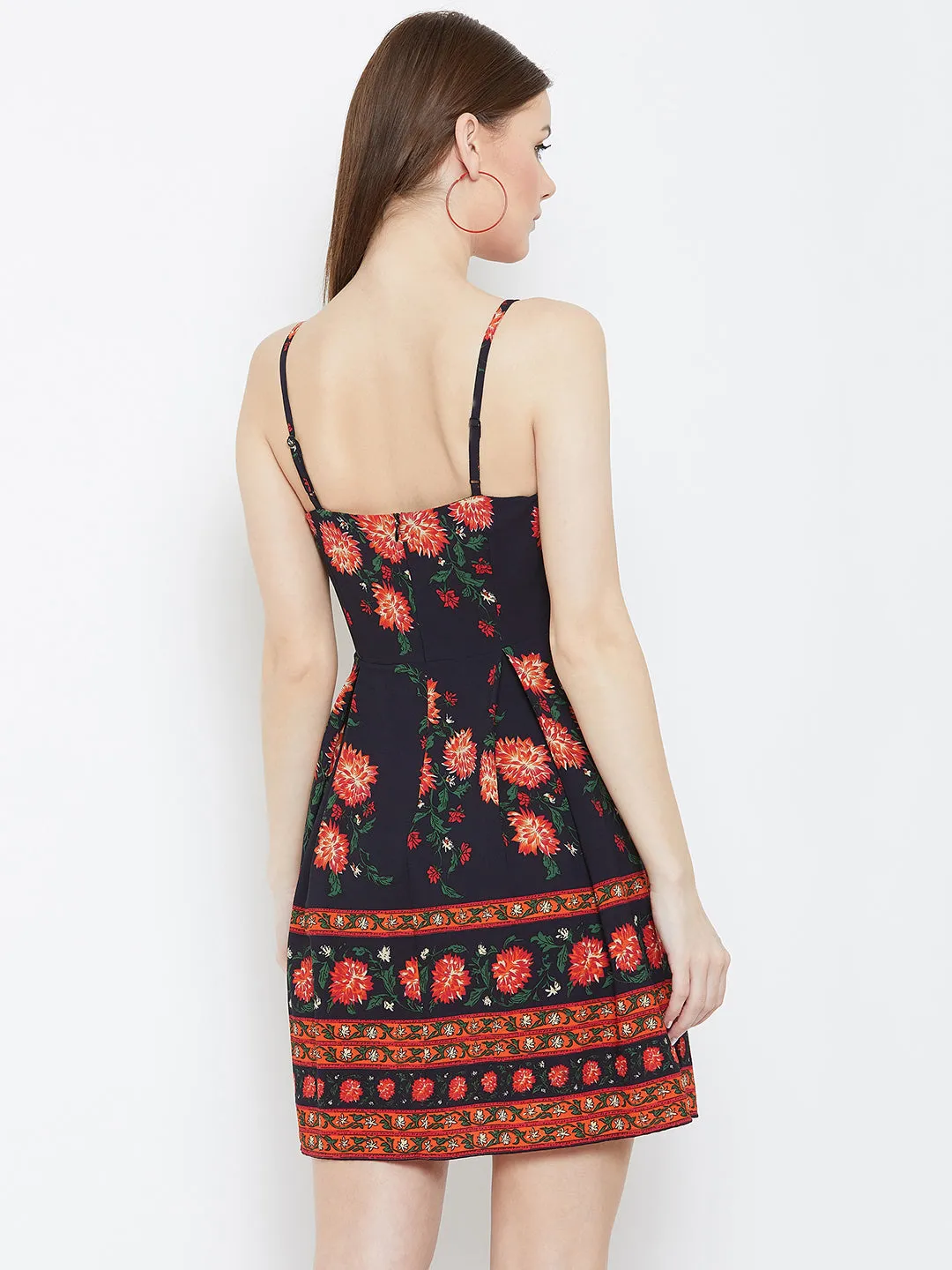Berrylush Women Navy Blue & Orange Floral Printed Square Neck Flared Fit & Flare Mini Dress