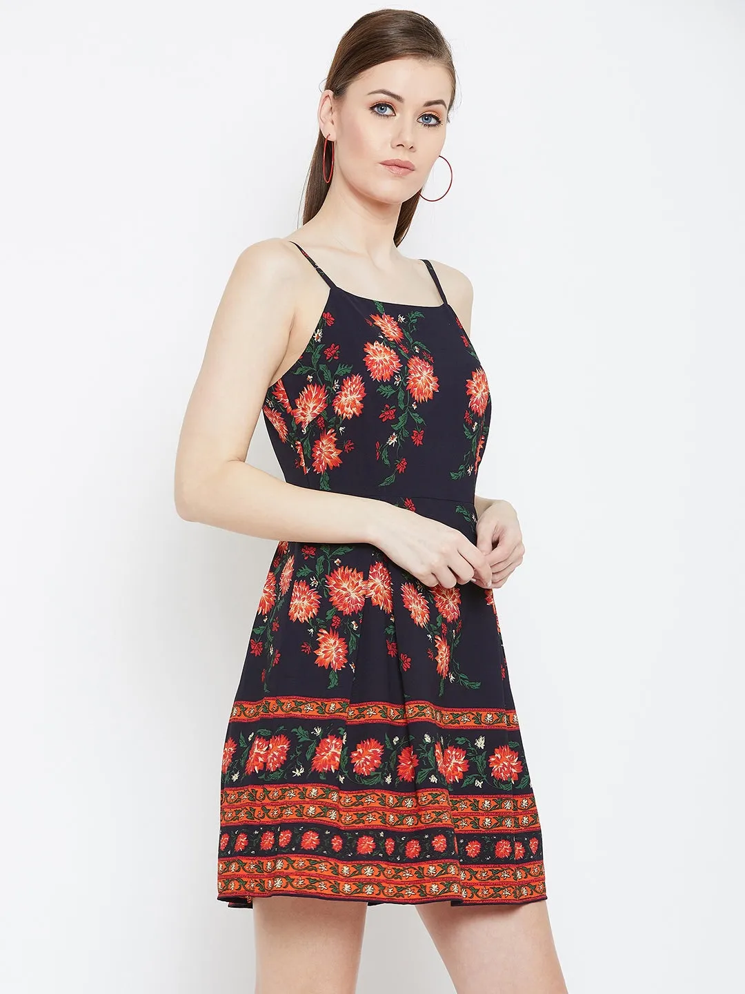 Berrylush Women Navy Blue & Orange Floral Printed Square Neck Flared Fit & Flare Mini Dress