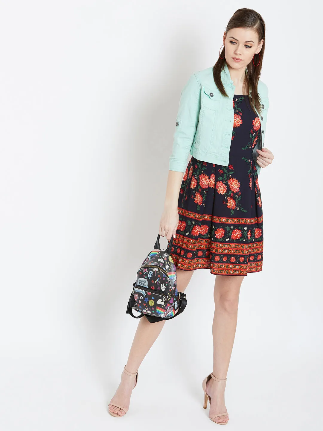 Berrylush Women Navy Blue & Orange Floral Printed Square Neck Flared Fit & Flare Mini Dress