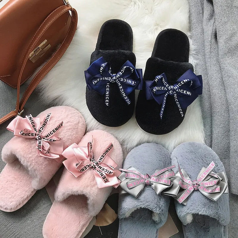 Faux-Fur Slippers with Satin Bow for Women