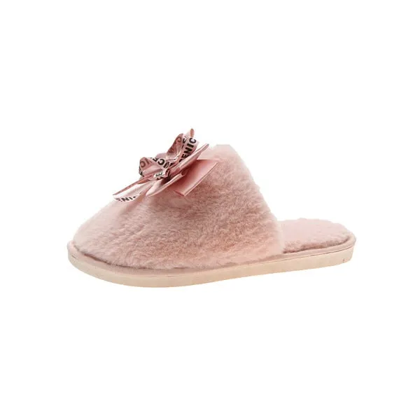 Faux-Fur Slippers with Satin Bow for Women