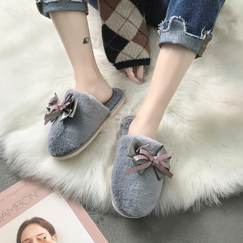 Faux-Fur Slippers with Satin Bow for Women