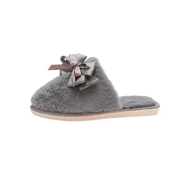 Faux-Fur Slippers with Satin Bow for Women