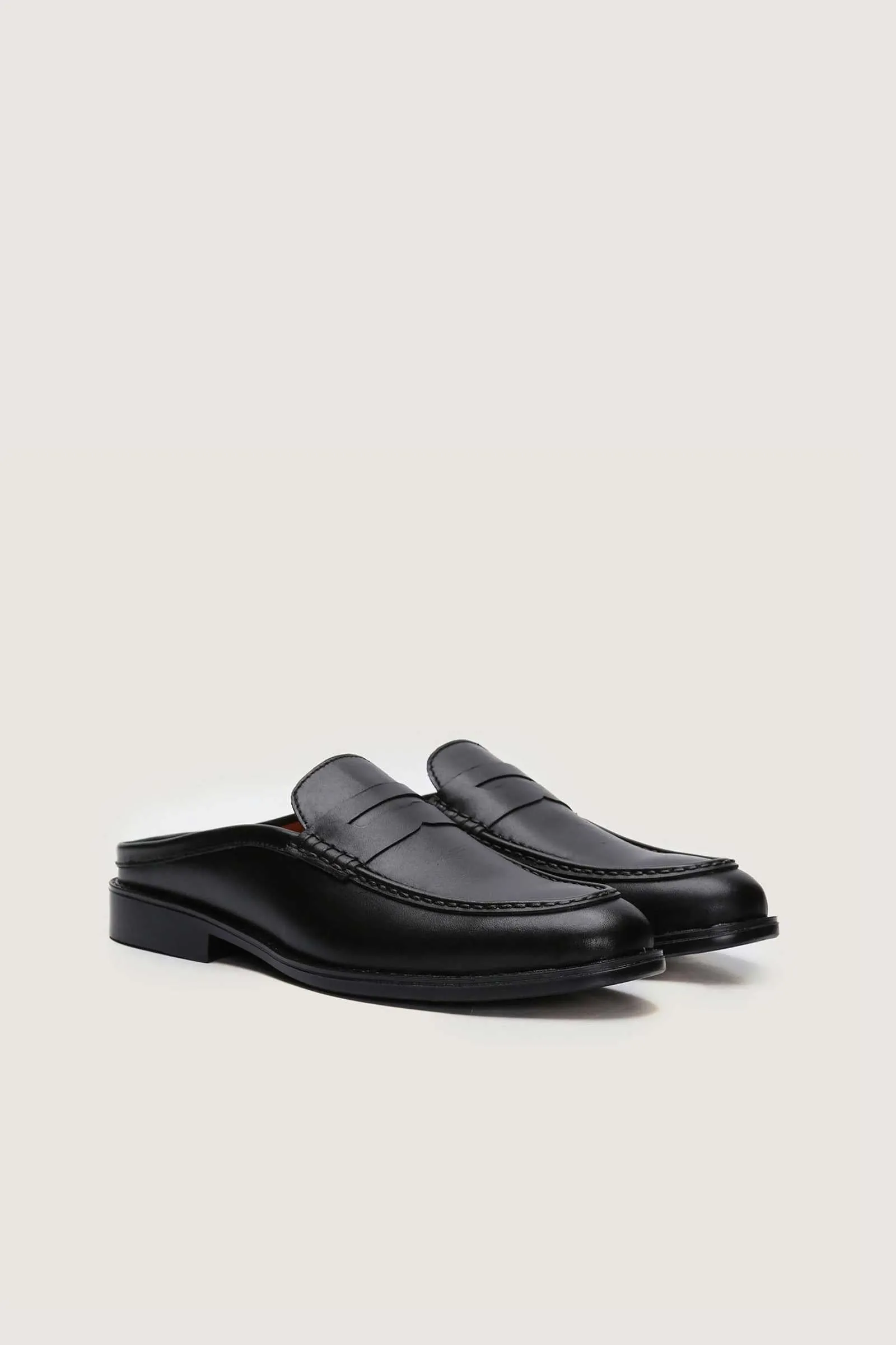 Full Grain Leather Penny Mules with Rubber Sole