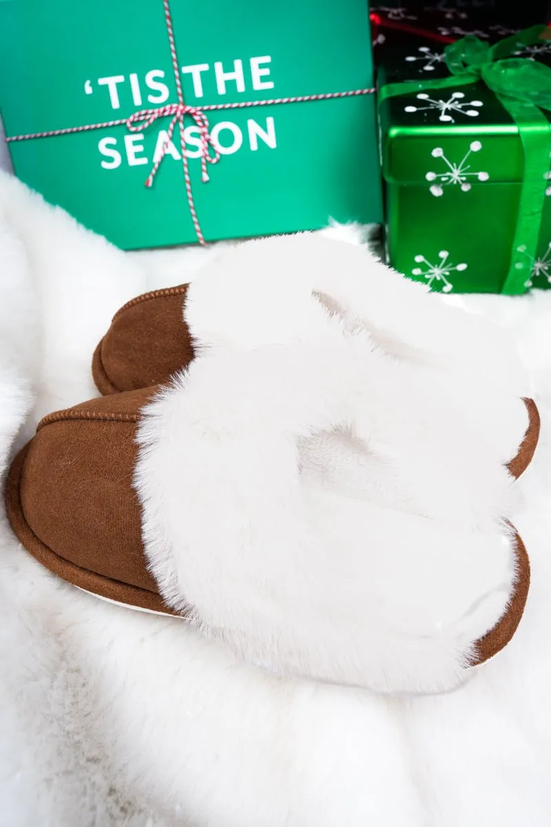 Kick Back And Relax Camel Faux Fur Trimmed Plush Slippers