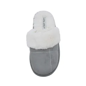Laura Ashley Ladies Micro Suede Scuff Slipper with Plush Collar, Light Grey, M