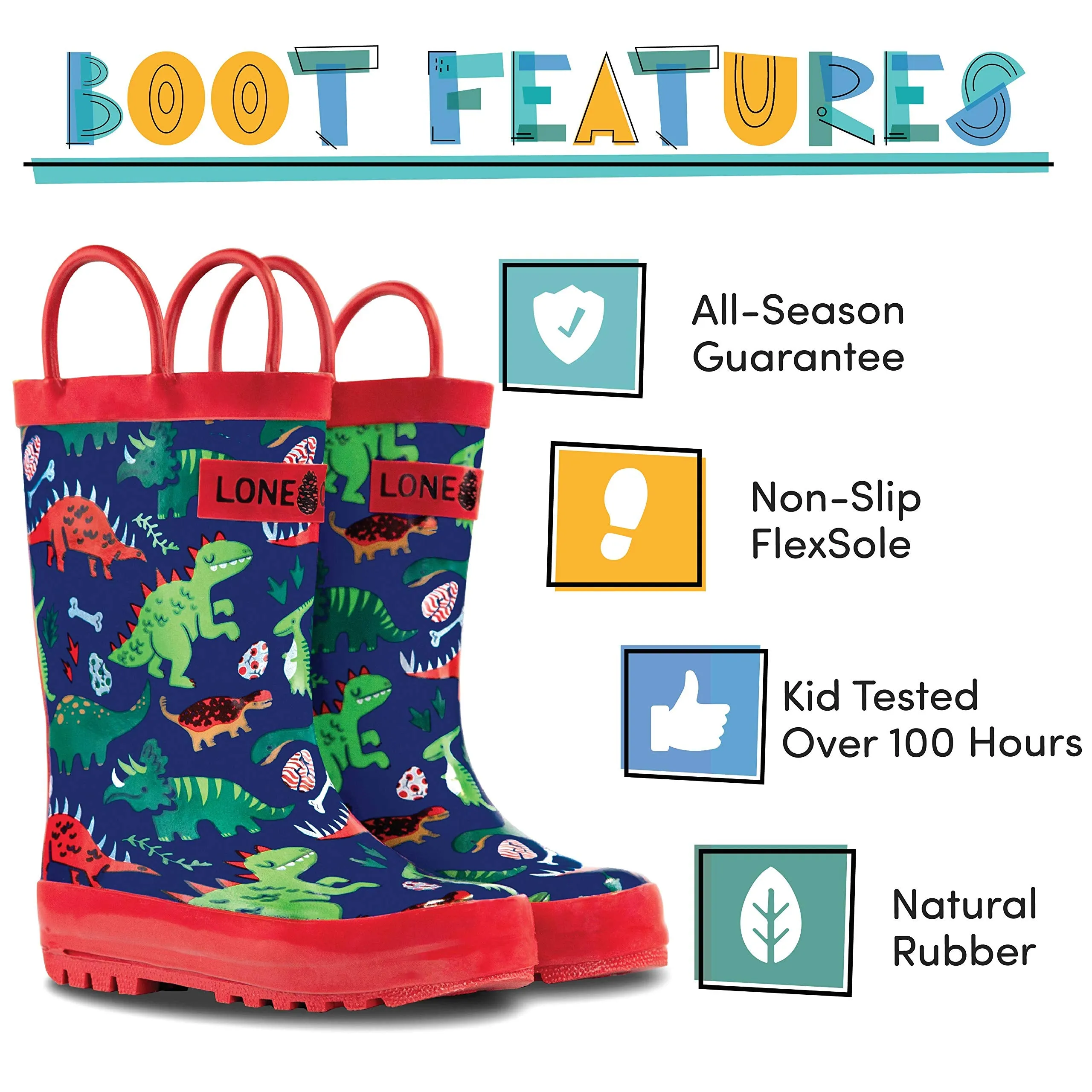 Lone Cone Rain Boots with Easy-On Handles in Fun Patterns for Toddlers and Kids, Puddle-a-Saurus Dinosaur, 6 Toddler