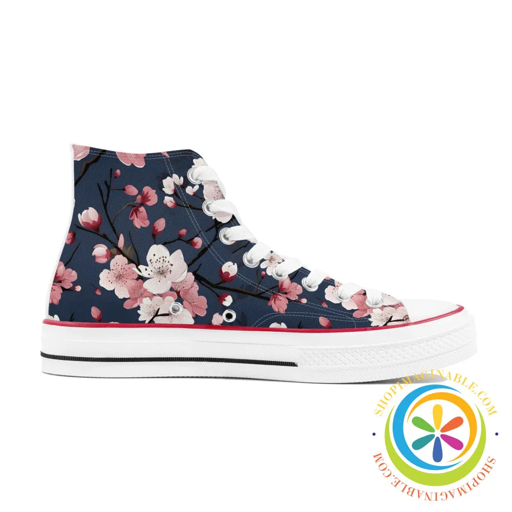 Midnight Blue Cherry Blossom Ladies Canvas High Top Shoes
