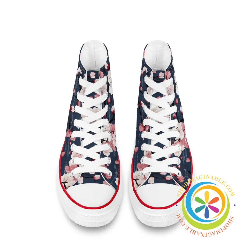 Midnight Blue Cherry Blossom Ladies Canvas High Top Shoes