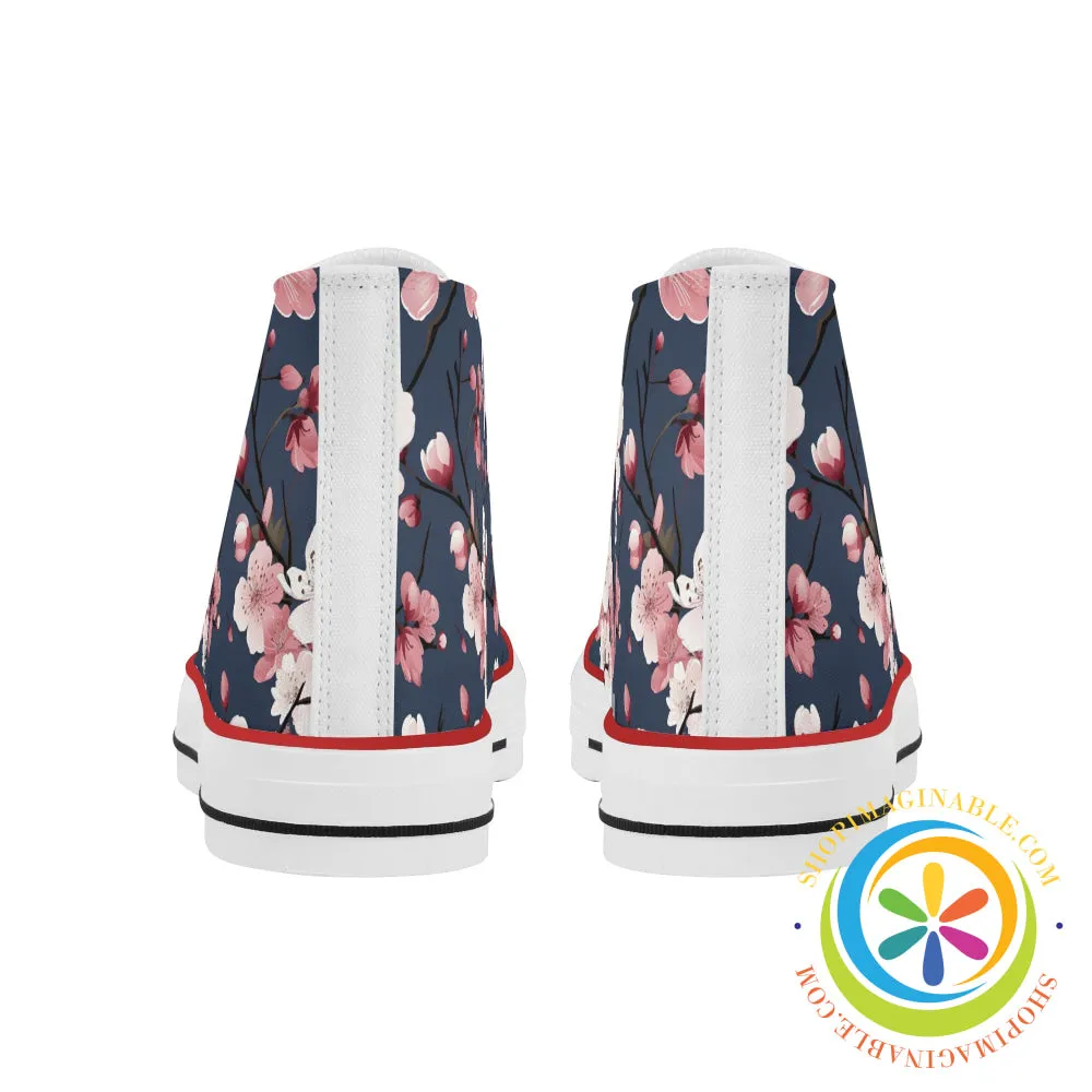 Midnight Blue Cherry Blossom Ladies Canvas High Top Shoes