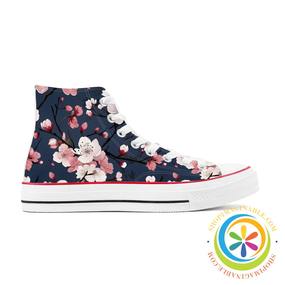 Midnight Blue Cherry Blossom Ladies Canvas High Top Shoes