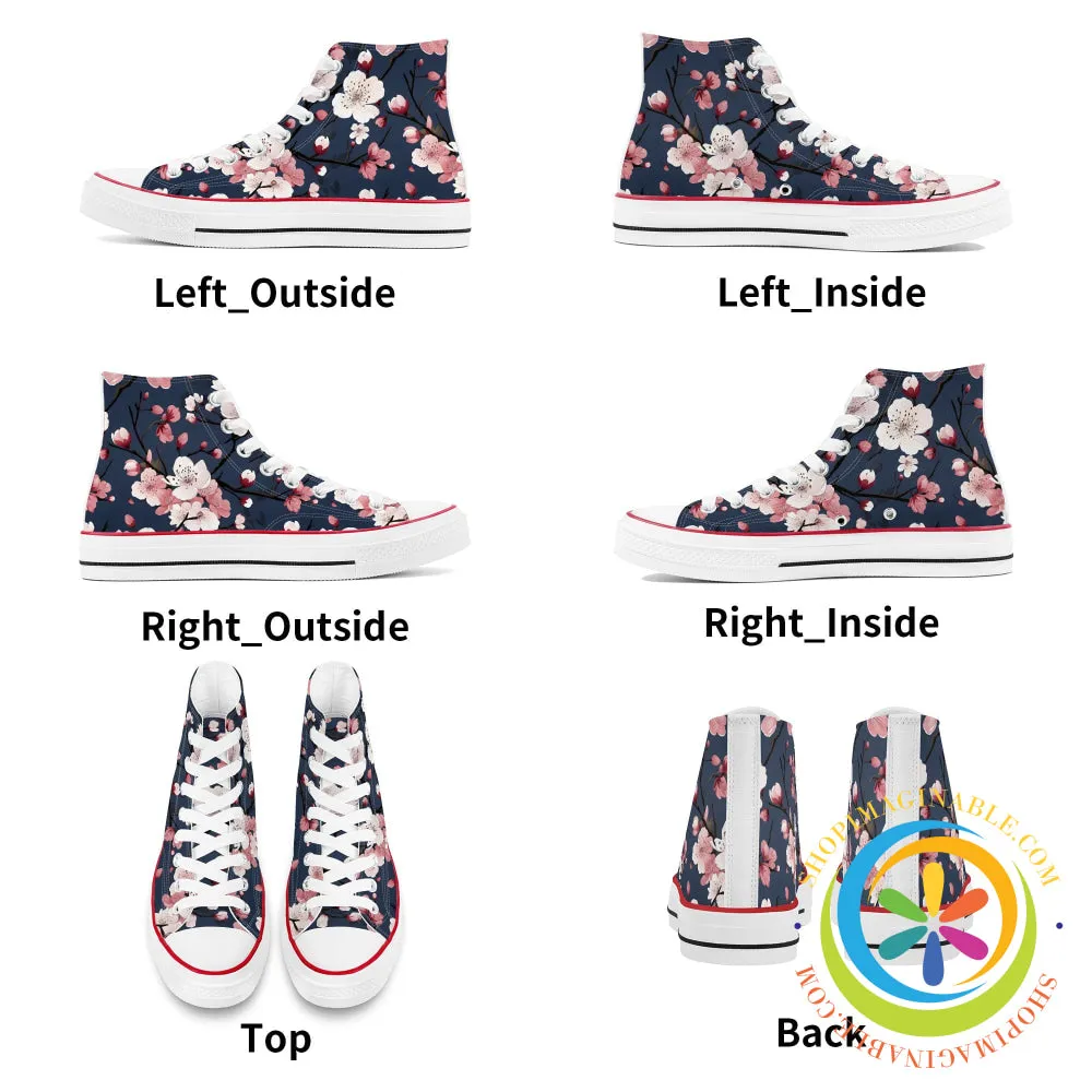 Midnight Blue Cherry Blossom Ladies Canvas High Top Shoes