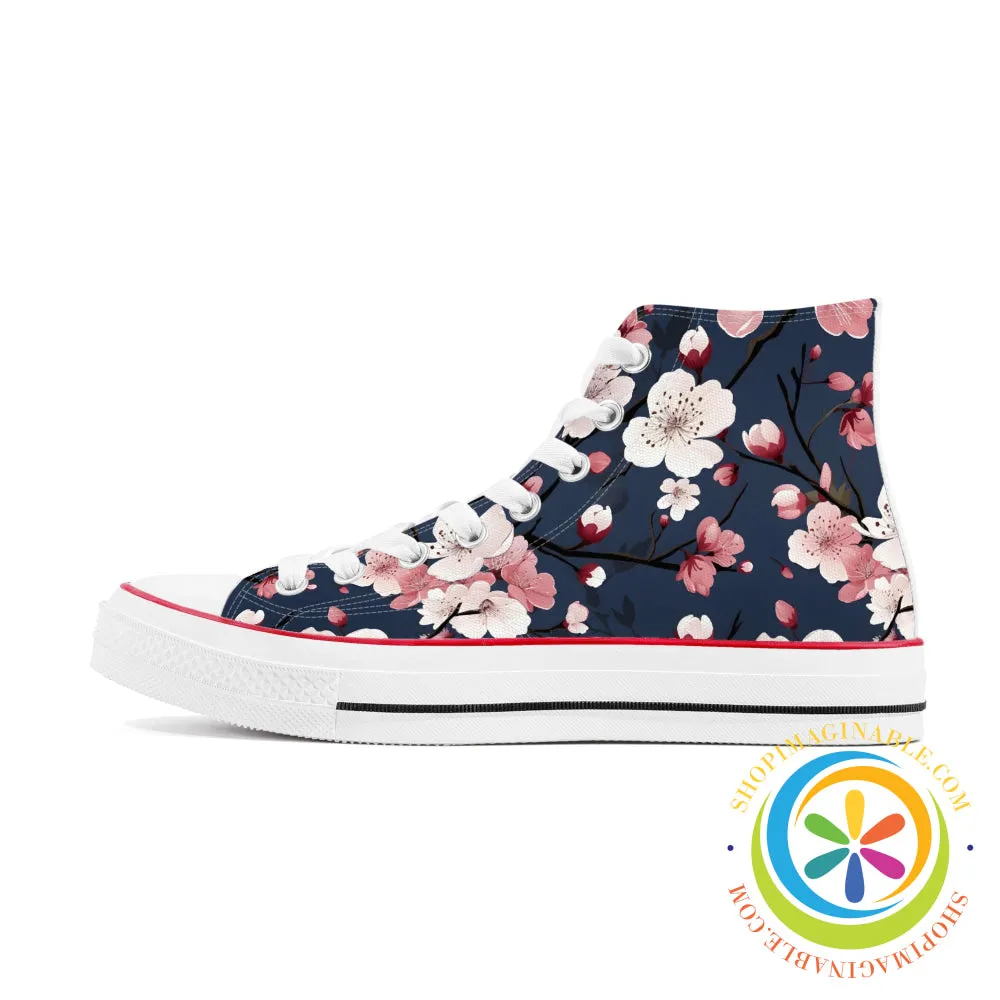 Midnight Blue Cherry Blossom Ladies Canvas High Top Shoes