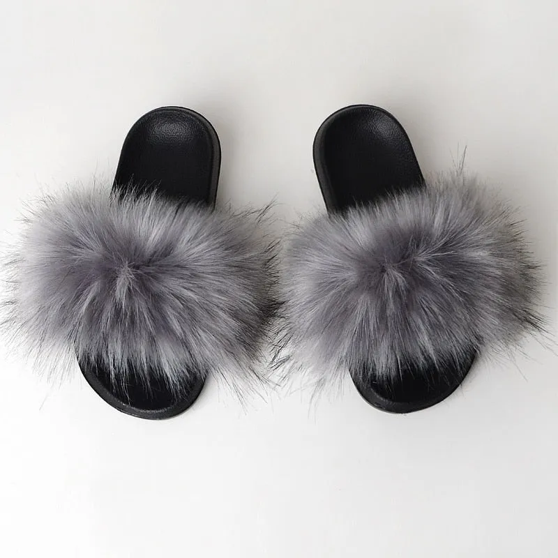 Warm Fur Slippers Women Faux Fox Fur Slides