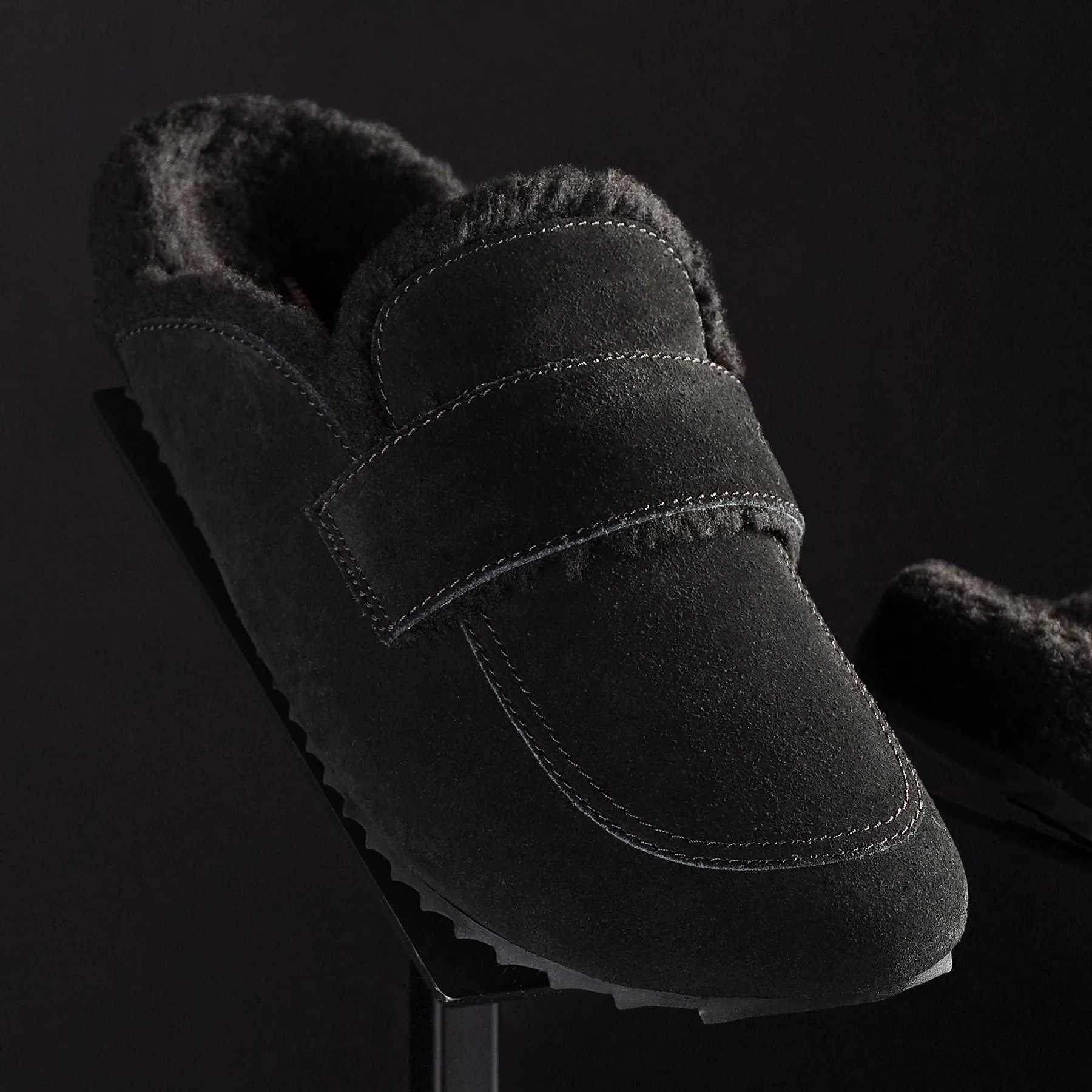 Women's Suede Shearling Loafer - Black/Black