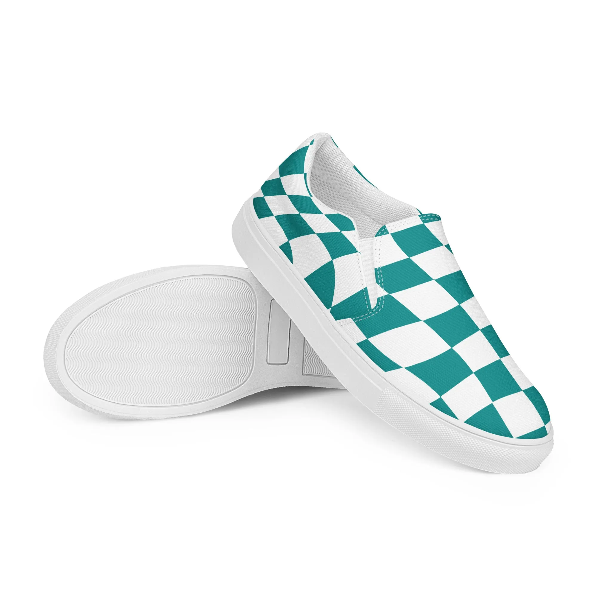 Women’s Teal Checkered slip-on canvas shoes, Women's Teal Casual Shoes