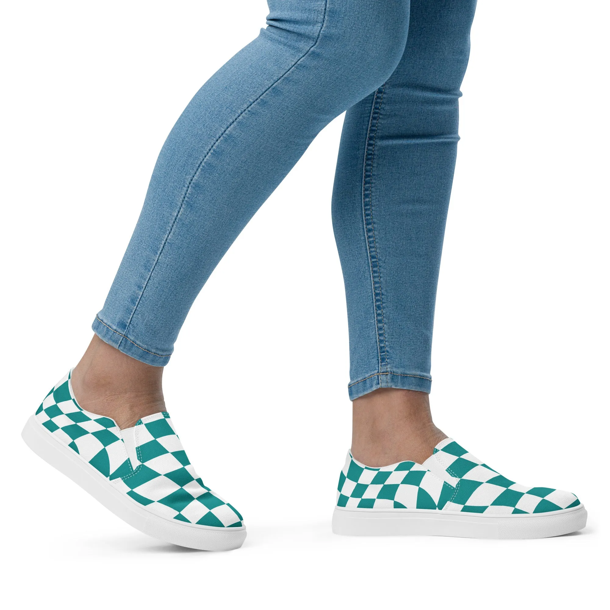 Women’s Teal Checkered slip-on canvas shoes, Women's Teal Casual Shoes