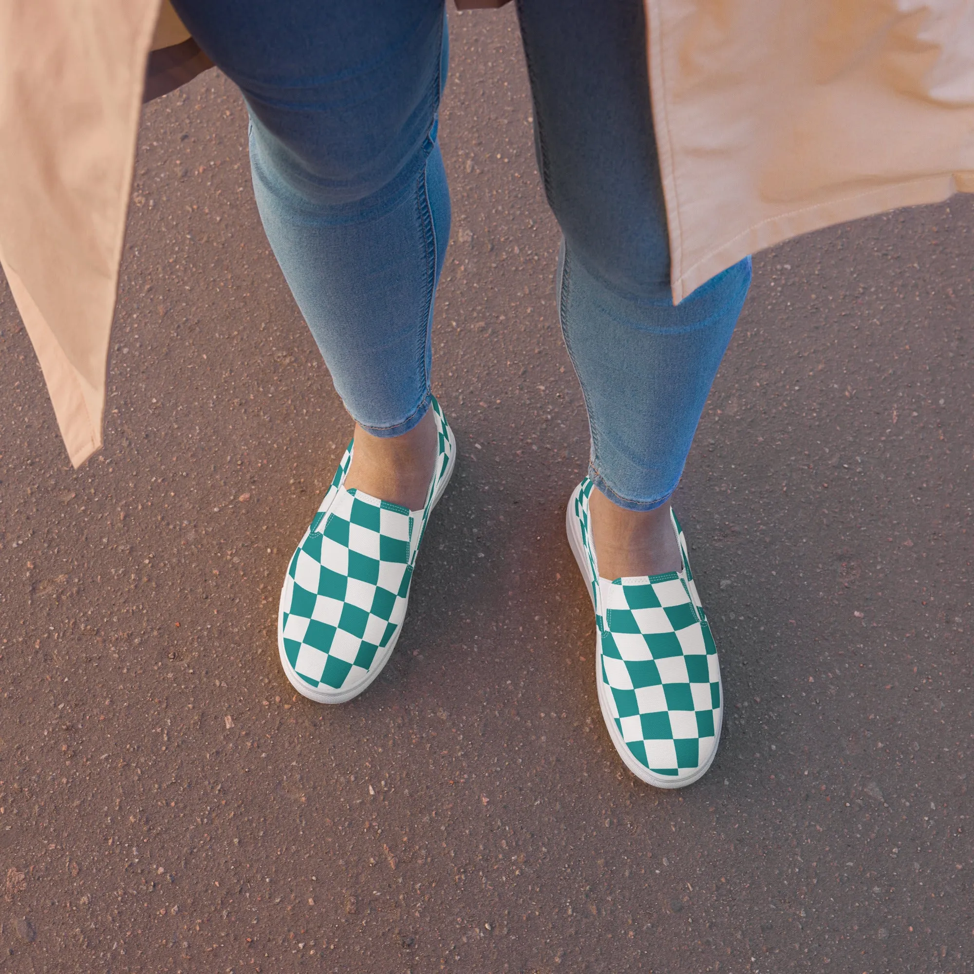 Women’s Teal Checkered slip-on canvas shoes, Women's Teal Casual Shoes