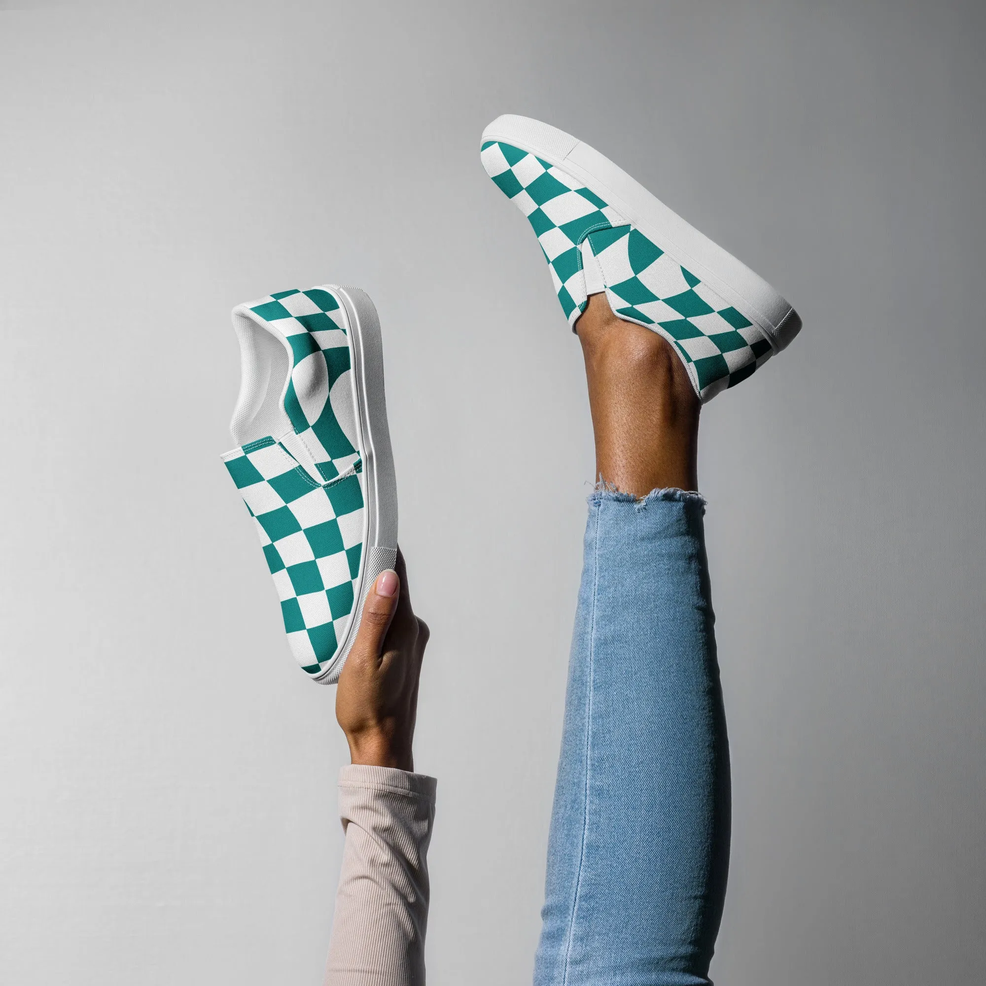 Women’s Teal Checkered slip-on canvas shoes, Women's Teal Casual Shoes