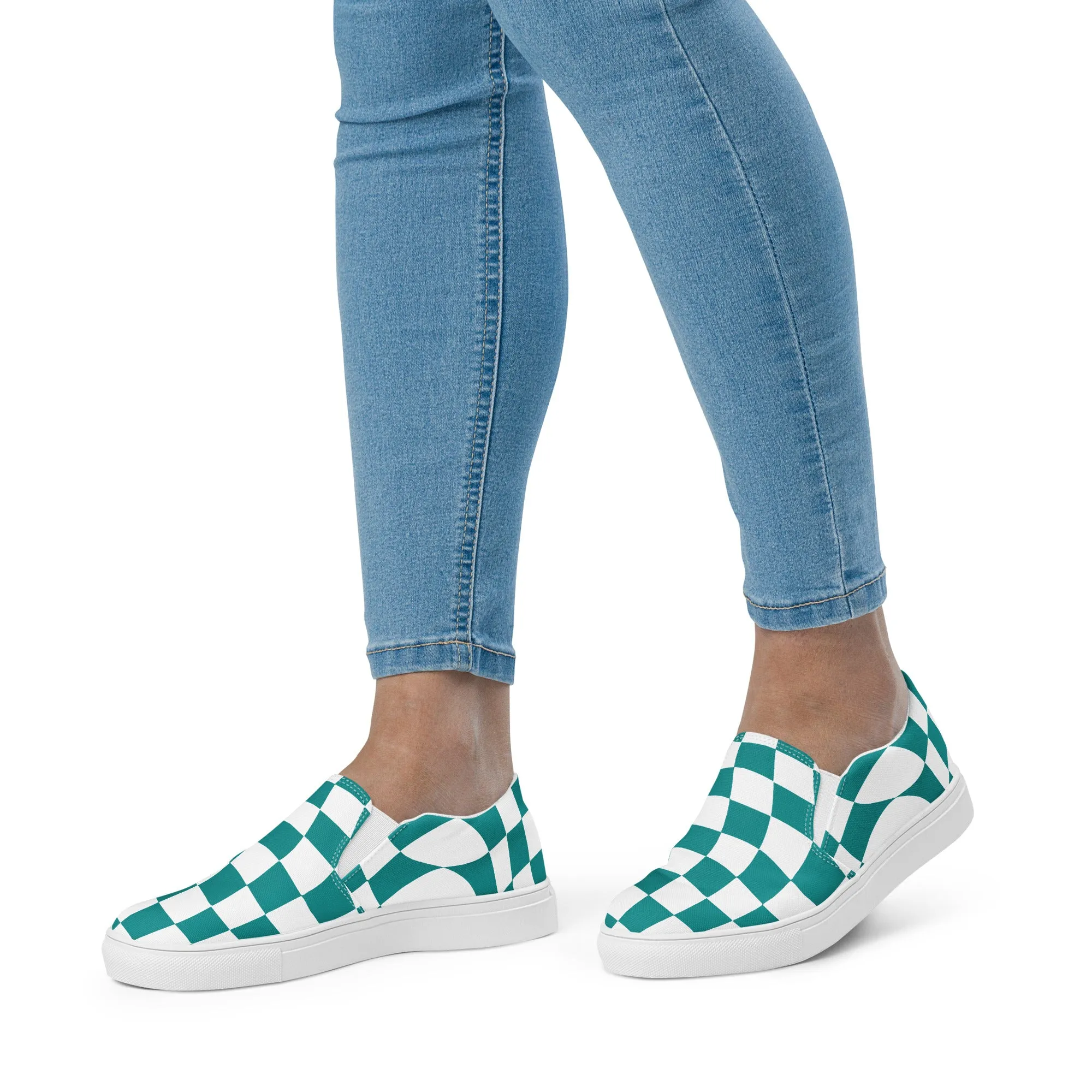 Women’s Teal Checkered slip-on canvas shoes, Women's Teal Casual Shoes