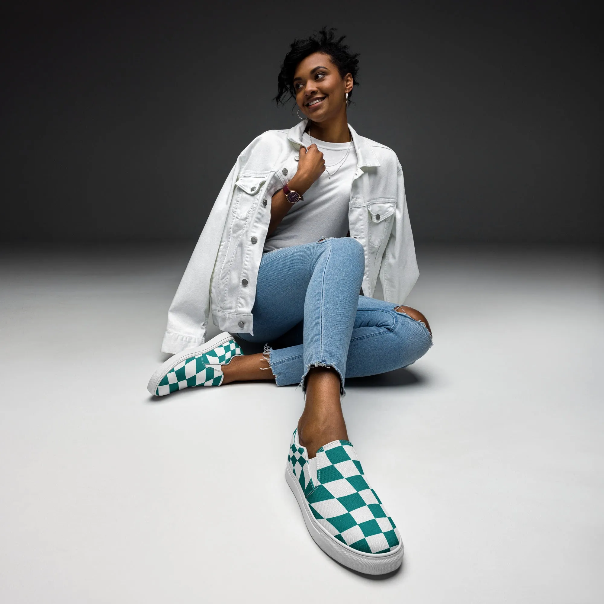 Women’s Teal Checkered slip-on canvas shoes, Women's Teal Casual Shoes